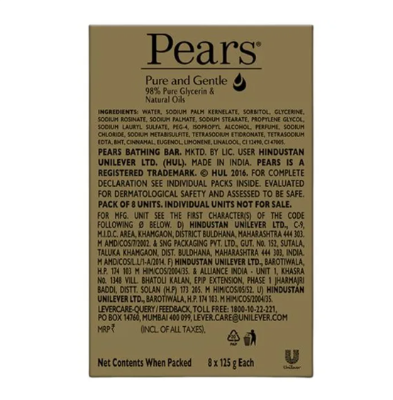 Pears Pure & Gentle Glycerin & Natural Oils Soap Bar, 98% Pure Glycerine & Natural Oils, 125 g (Pack of 8)