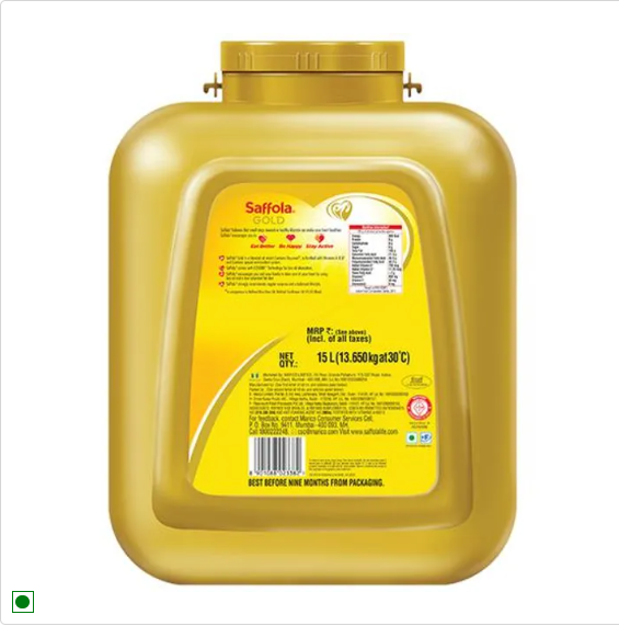 Saffola Gold Refined Cooking oil | Blended Rice Bran & Sunflower oil | Helps Keeps Heart Healthy, 15 L Jar