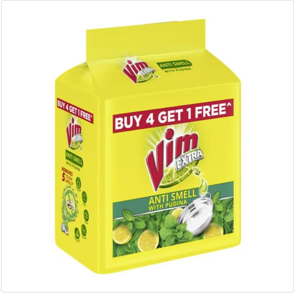 Vim Extra Dishwash Bar - Anti Smell With Pudina Extract , Clears Oil, Grease & Tough Stains, 200 g (Pack of 5)