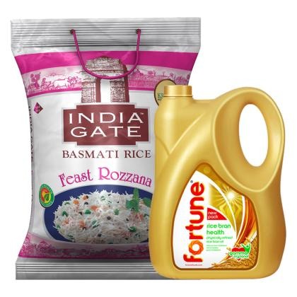 Fortune Health Physically Refined Rice Bran Oil 5 L + India Gate Feast Rozzana Basmati Rice 5 kg Combo Pack